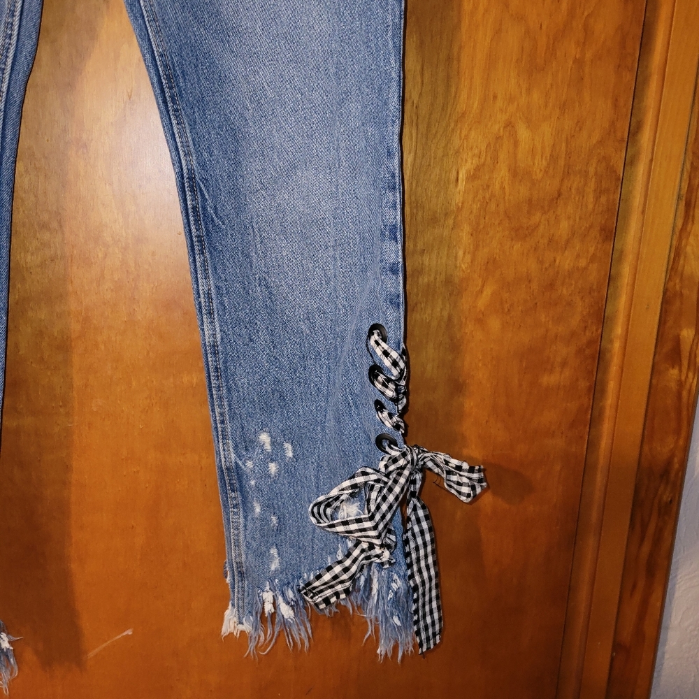 TRF IX'D DENIM MAKERS distressed jeans with ribbon lace up ankles - Picture 3 of 8